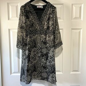 BNOWT LANZ BLACK & TAUPE POLYESTER CHIFFON V-NECK A-LINE DRESS WITH 3/4 SLEEVES